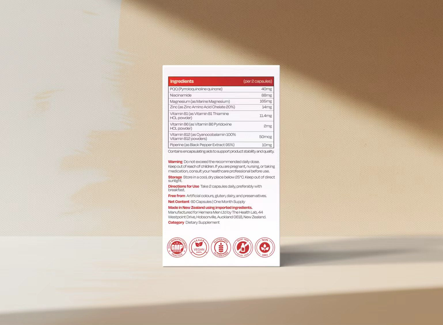 Reset Capsule box label with ingredients and certifications on a beige background