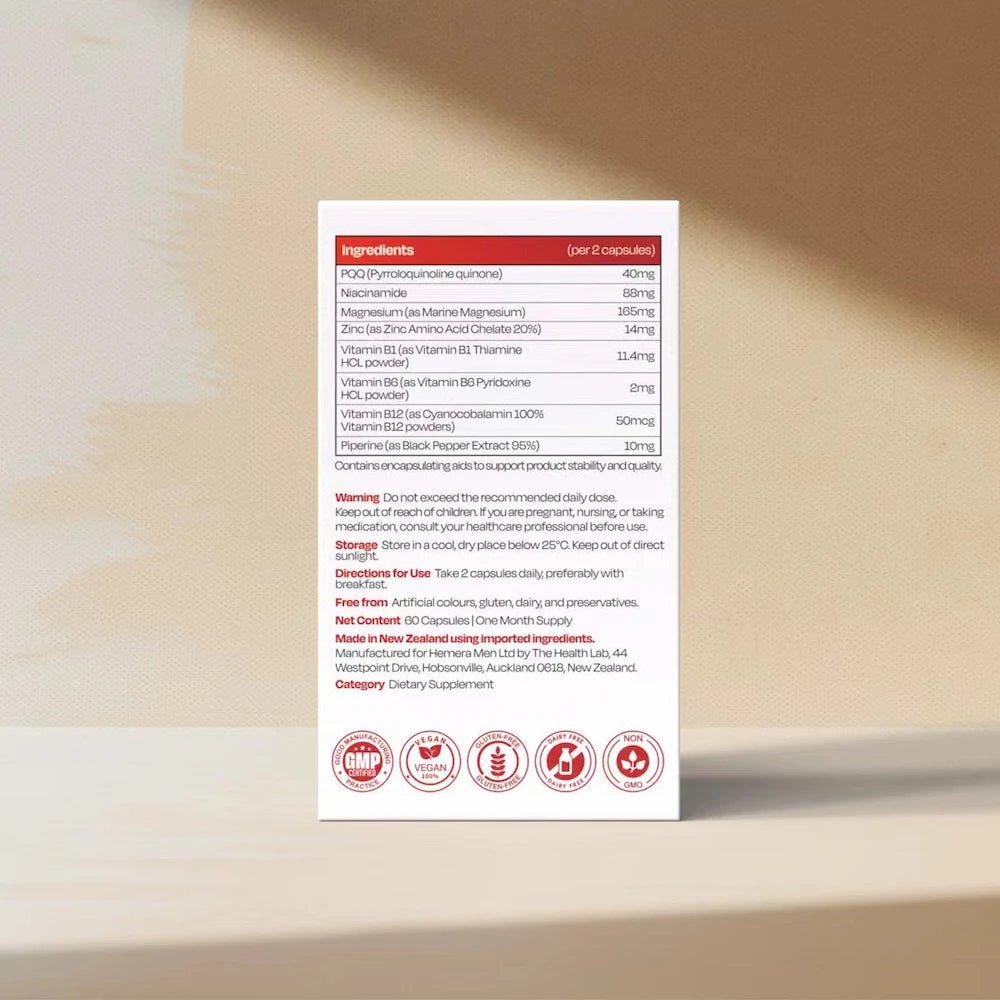 Reset Capsule box label with ingredients and certifications on a beige background